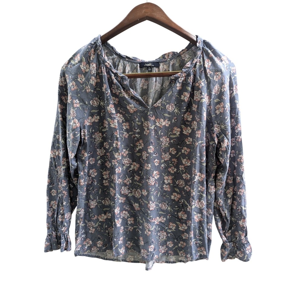 Angels Forever Young Floral Rayon Blouse Blue Pink Split Neck Ruffle Cuff Mens M